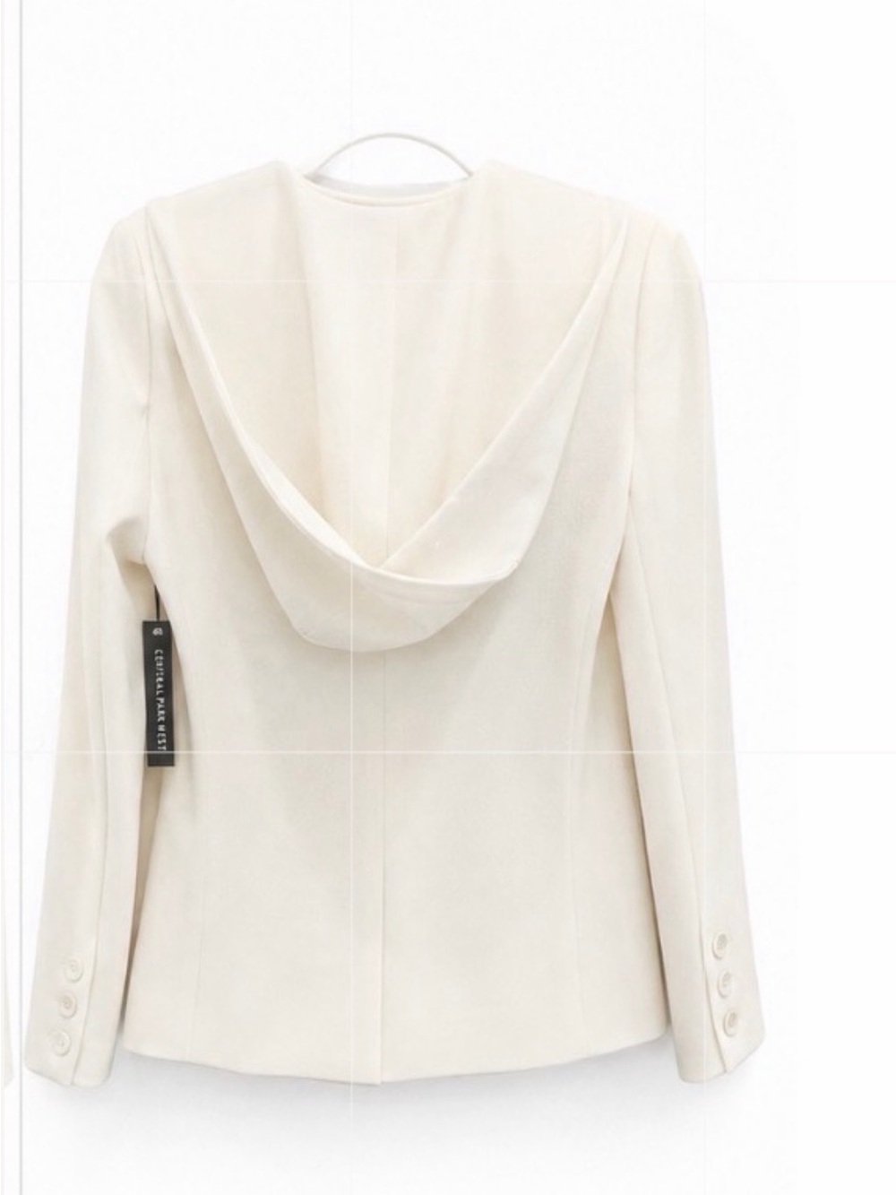 Central Park West White Single-Button Notch Lapel Blazer with hood.
